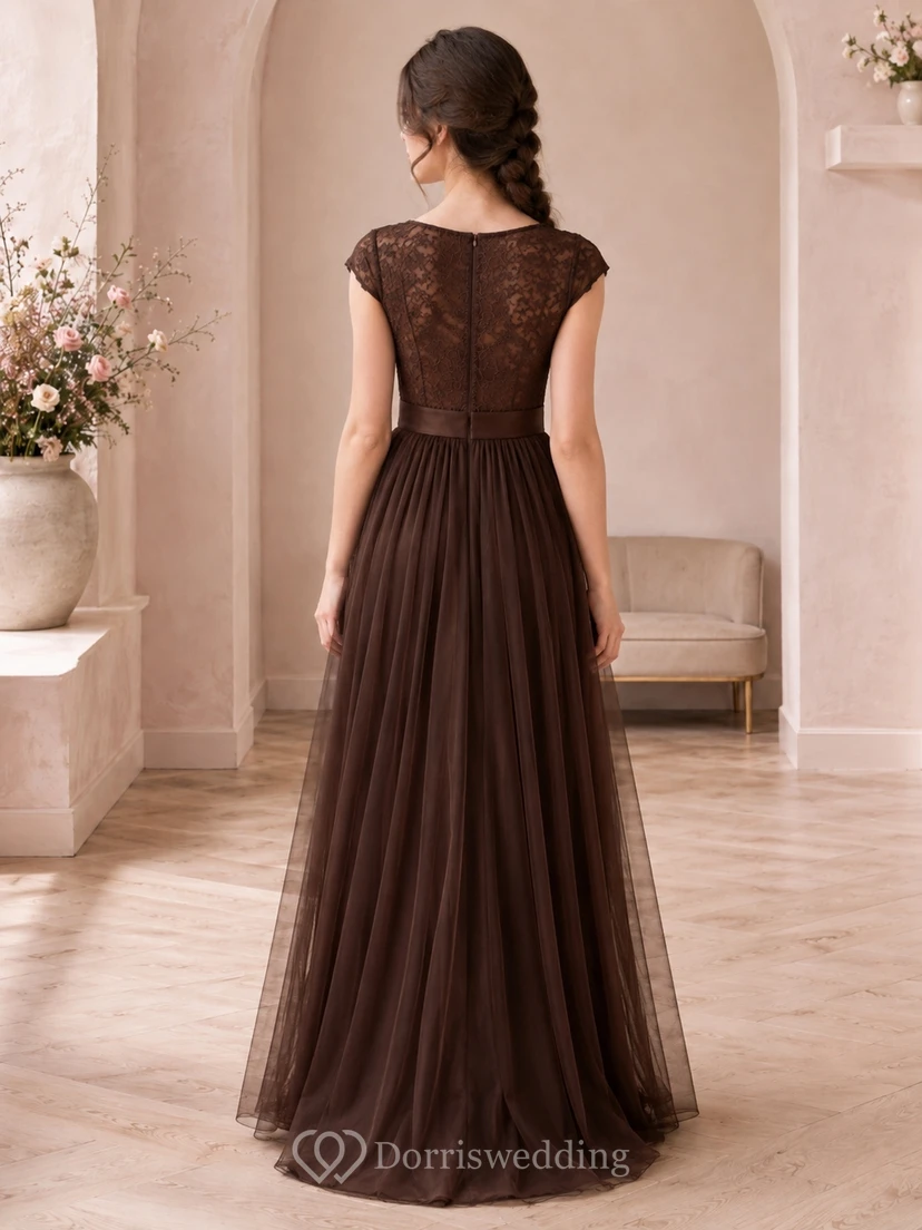 Braunes Brautjungfernkleid im A-Linien-Stil mit Strasssteinen, kurzen Ärmeln und romantischer Spitze view 2