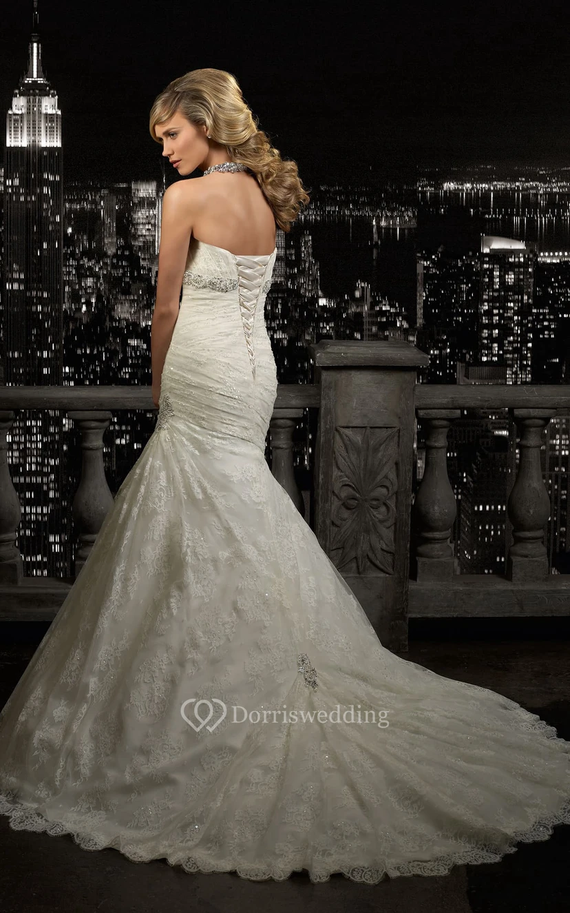 Mermaid Floor-Length Sweetheart Sleeveless Lace-Up Lace Dress With Side Draping And Beading view 2