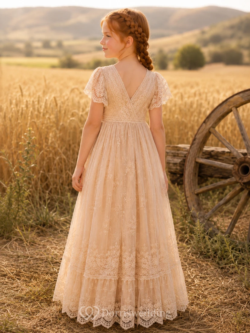 Vestido de niña de flores de tul y encaje con corte en A, mangas cortas, cuello redondo y falda a la altura de la rodilla. view 2