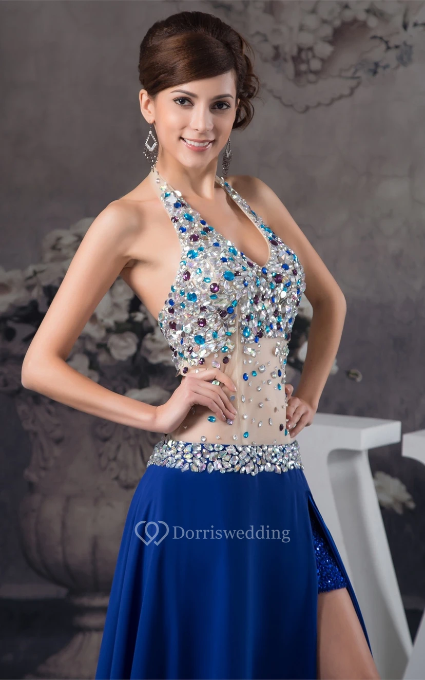 Plunged Front-Split Illusion Waist and Dress With Rhinestone view 7
