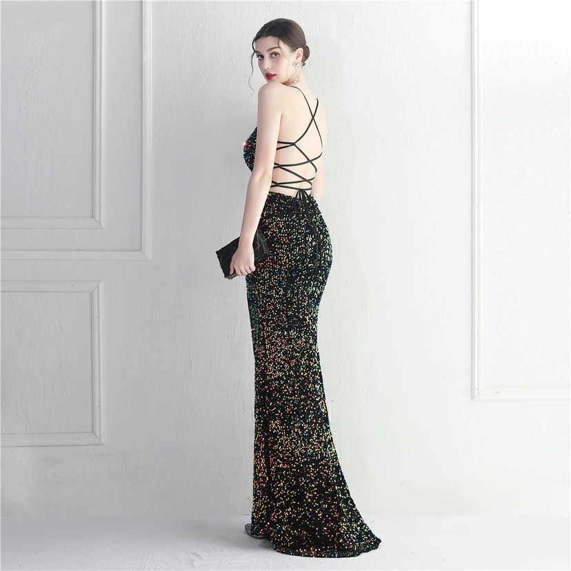 Vestido largo de noche con cola de pez, estilo europeo y americano, con lentejuelas y parte inferior de terciopelo. view 63