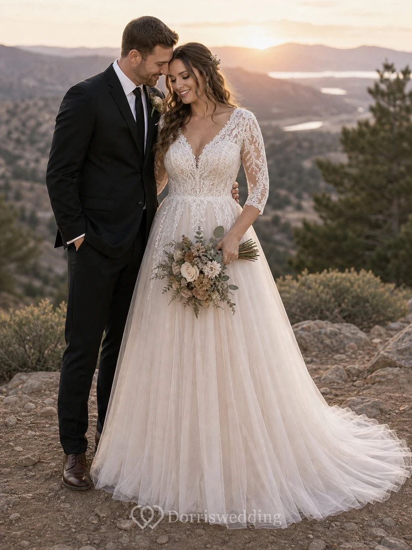 Elegante vestido de novia de corte A, largo hasta el suelo, con cola, mangas largas y apliques. view 5