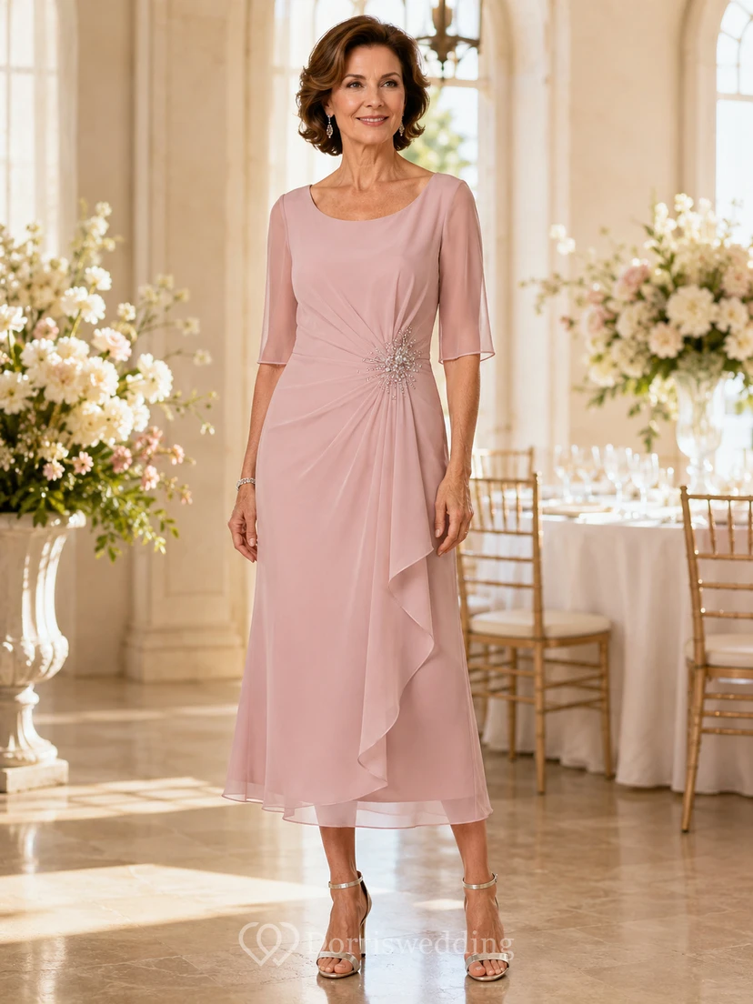 Blush Draped Midi Mother Dress with Sheer Sleeves and Crystal Waist Detail