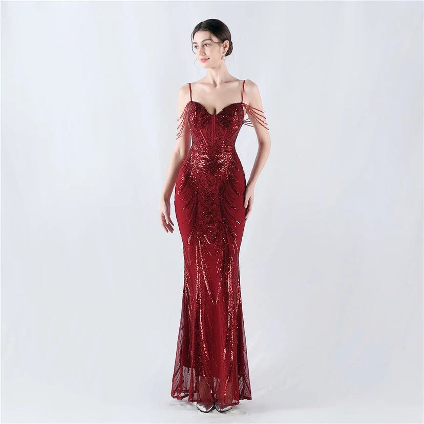 Waist-Reduced Fishbone Shaping Positioning Flower Sequined Anchor Sexy Beaded Suspender Evening Dress view 92