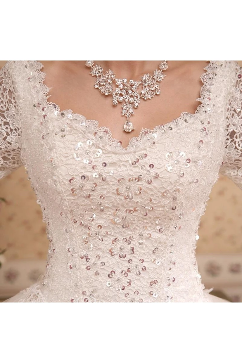 Glamorous Long Sleeve Sequins Lace Wedding Dresses Ball Gown Tulle view 4