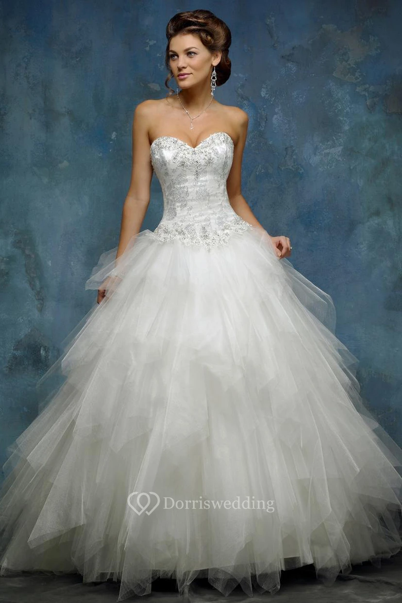 A-Line Ball-Gown Sweetheart Floor-Length Sleeveless Cascading-Ruffle Tulle Wedding Dress With Beading And Lace-Up Back