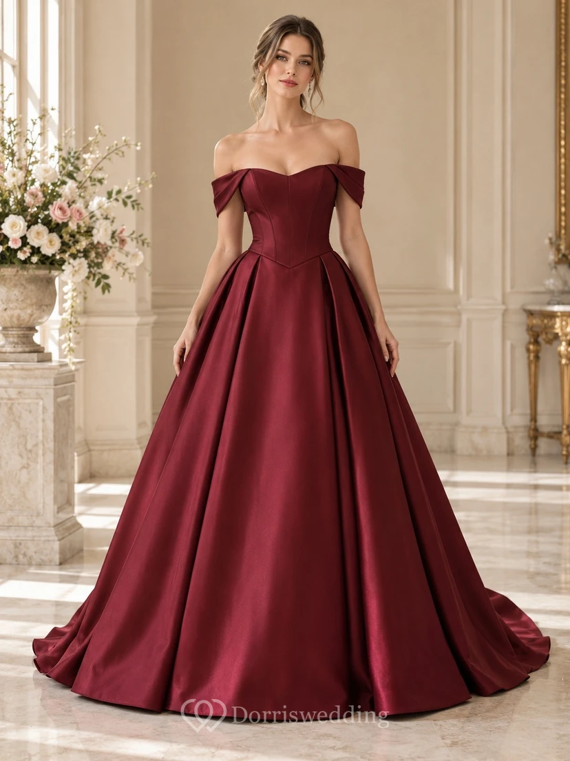 Robe de bal bordeaux simple en satin plissé à épaules dénudées et traîne.