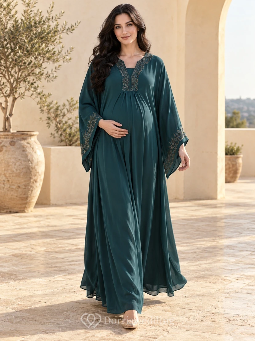 Robe abaya maxi de maternité modeste à manches longues évasées et broderie paon