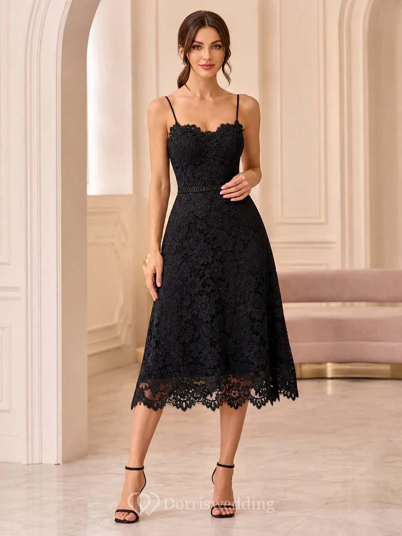 Black Simple Spaghetti-Strap Lace Square Sheath Tea-Length Cocktail Dress
