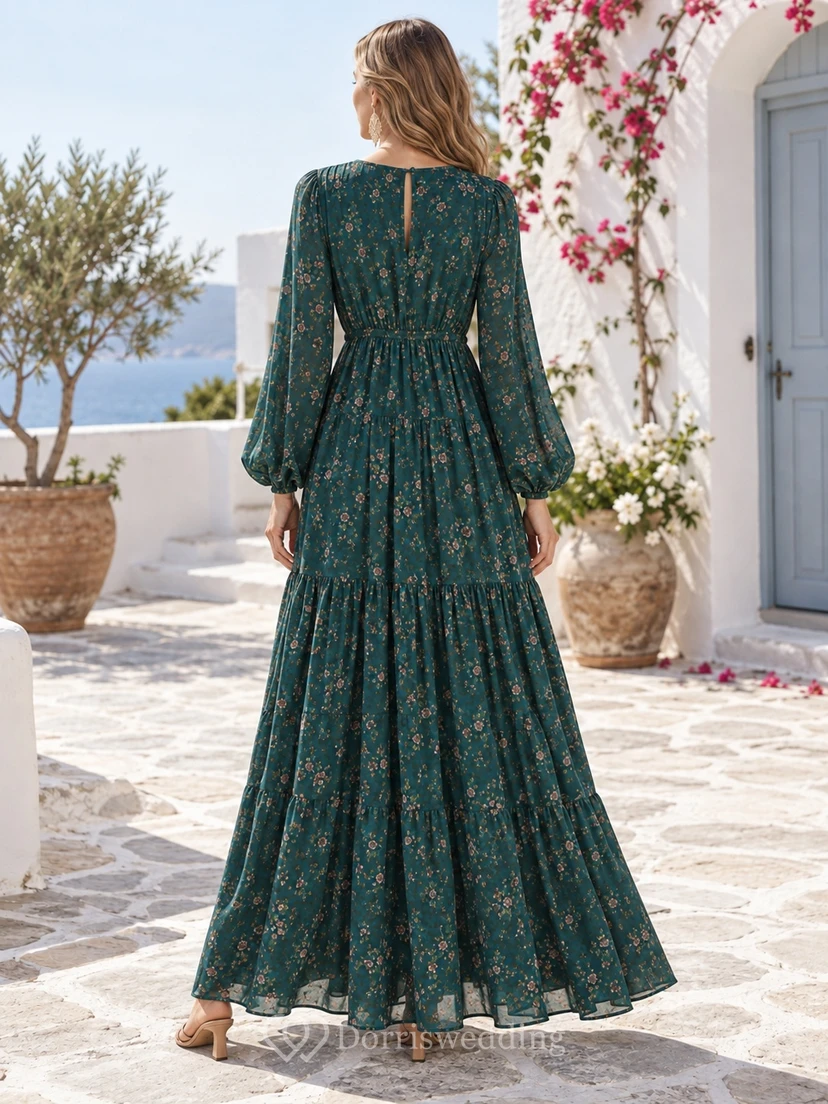 Boho Long Sleeve Peacock Floral Tassel Tie Tiered Maxi Dress view 2