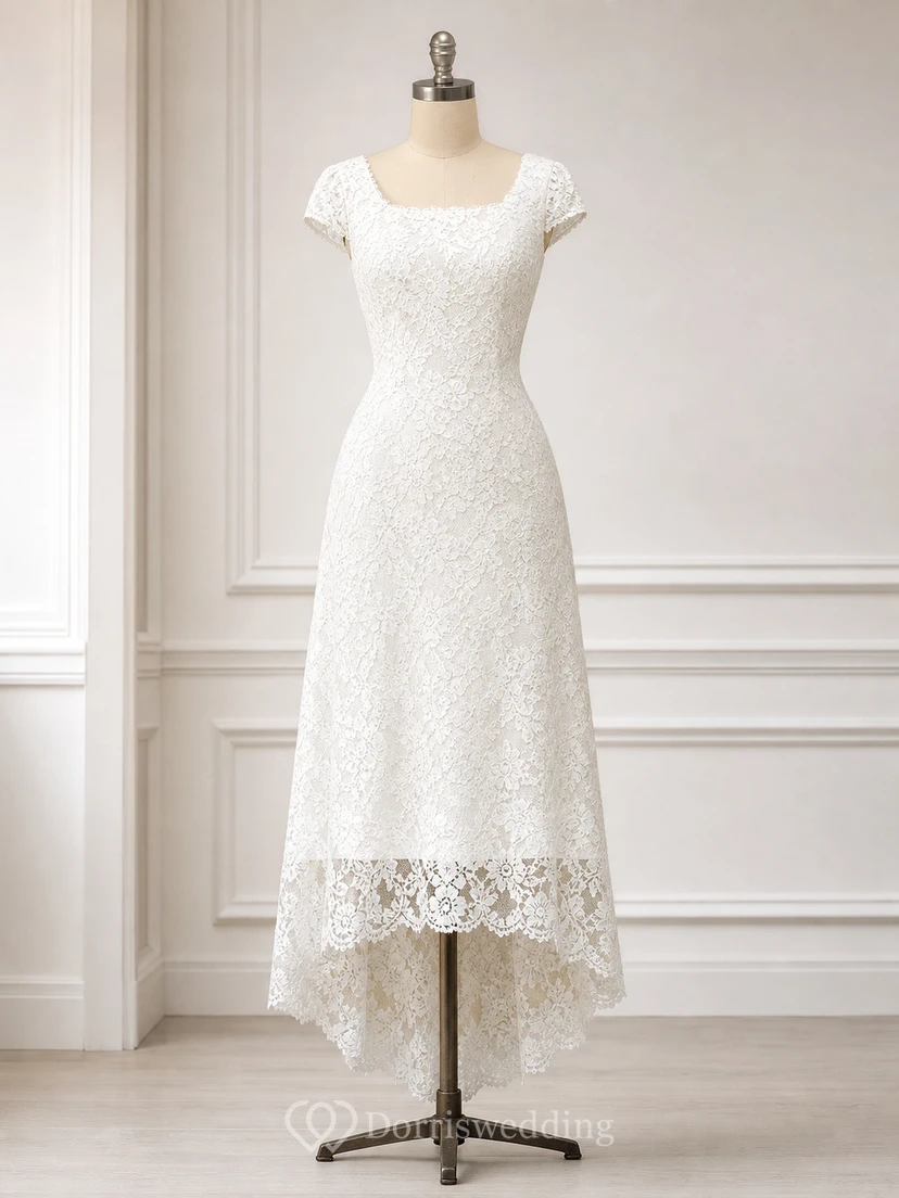 Elegantes Brautkleid aus Spitze mit hohem/tiefem U-Ausschnitt, kurzen Ärmeln und schlichter Eleganz view 5