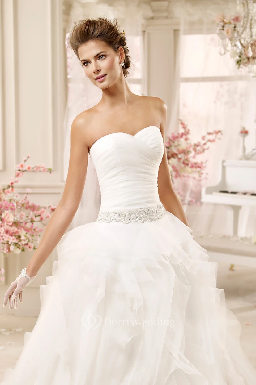 Sweetheart Ruching Wedding Gown with Beaded Belt and Pleated Bodice view 3