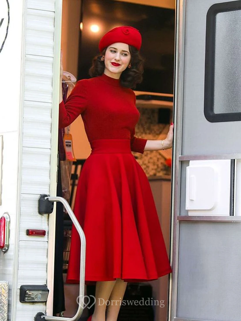 Robe rouge élégante de Noël, longueur thé, manches longues, col montant