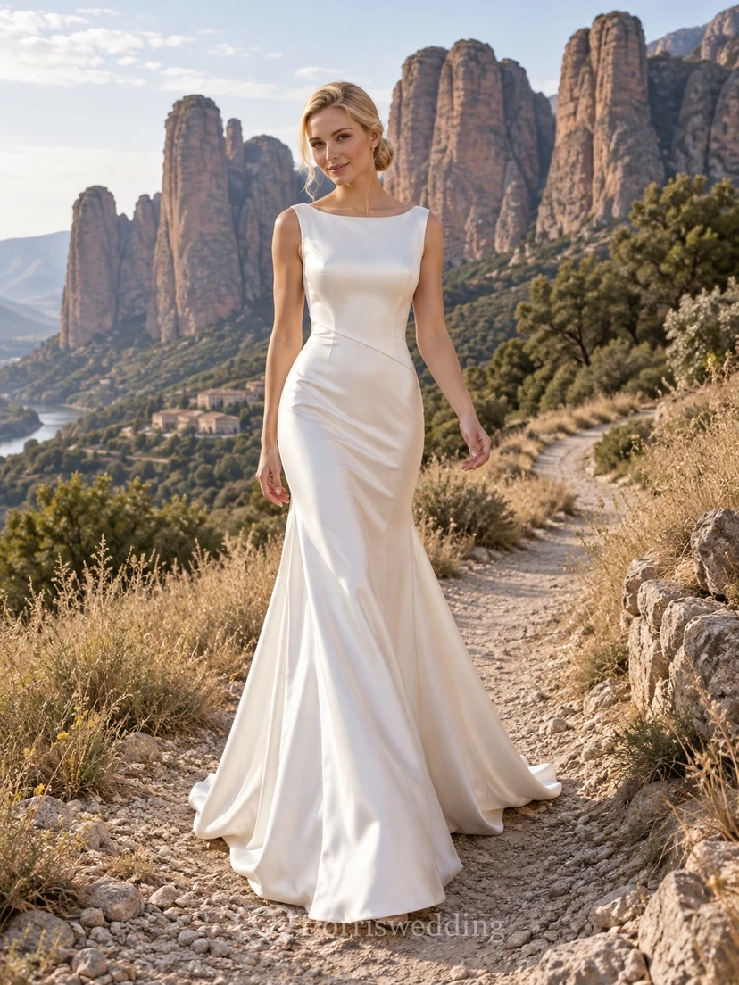 Vestido de novia sencillo de satén sin mangas con escote joya y cola larga, estilo sirena.
