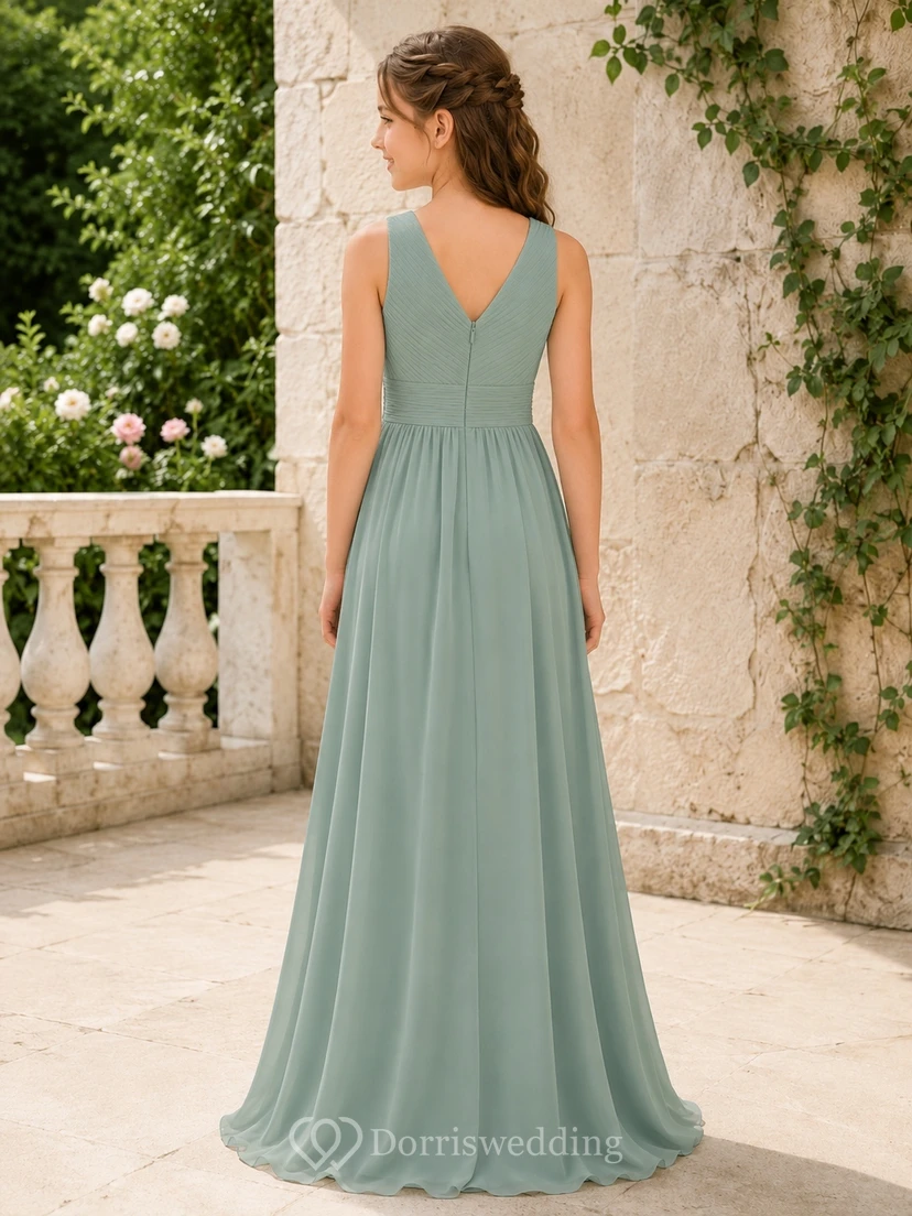 Vestido de dama de honor juvenil color celadón, corte en A, escote redondo, sin mangas, gasa, detalle de bolsillo, sencillo. view 2