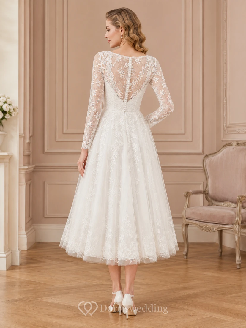 Vintage Tea-Length V-Neck Long Lace Sleeve Romantic Modest Wedding Dress view 2