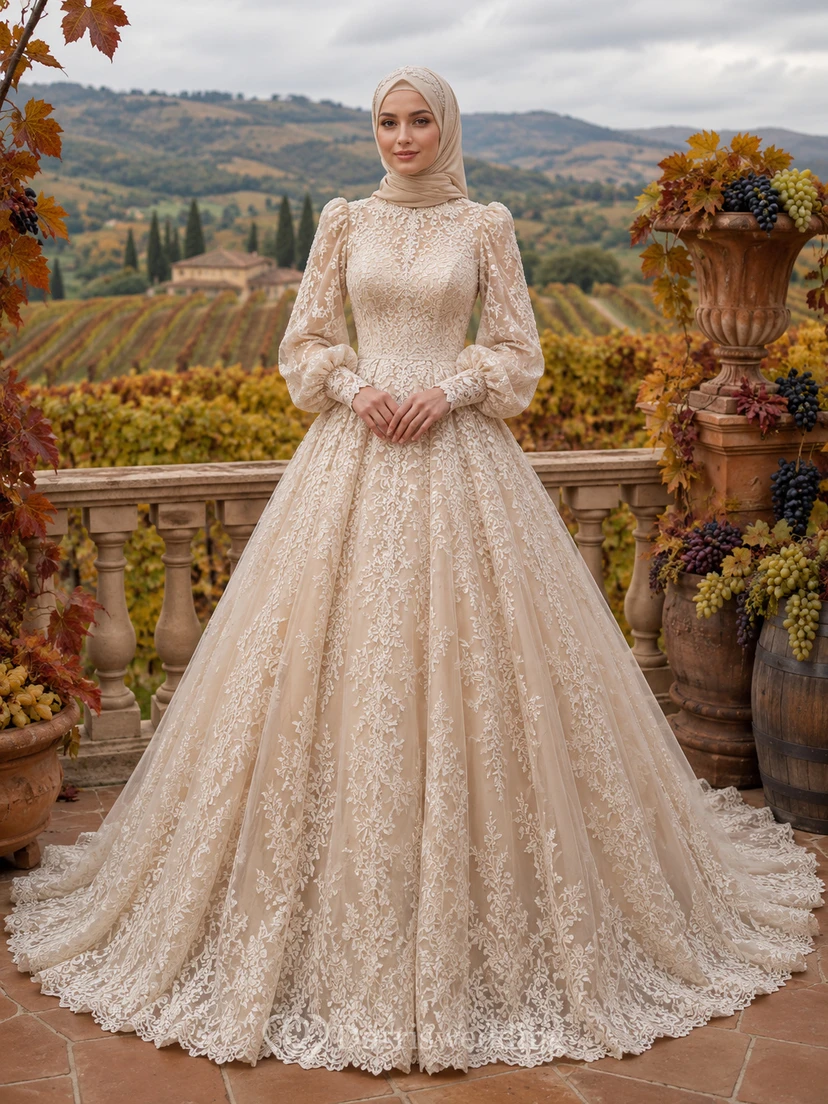 Modest Muslim Lace Ball Gown High Neck Long Sleeve Wedding Dress