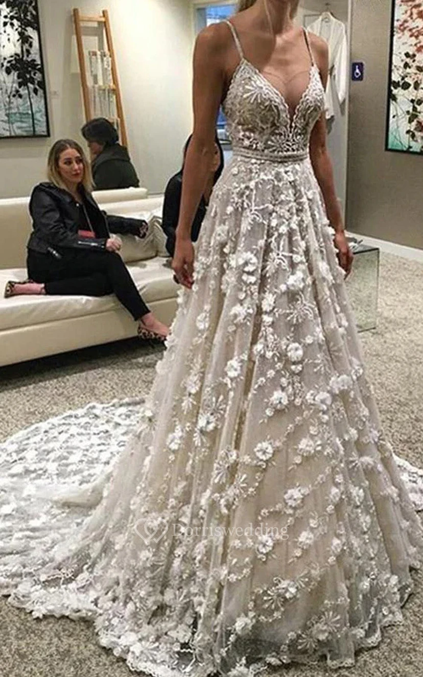 Exquisite Spaghetti Ball Gown Beaded A-line Lace Floral Beach Wedding Dress