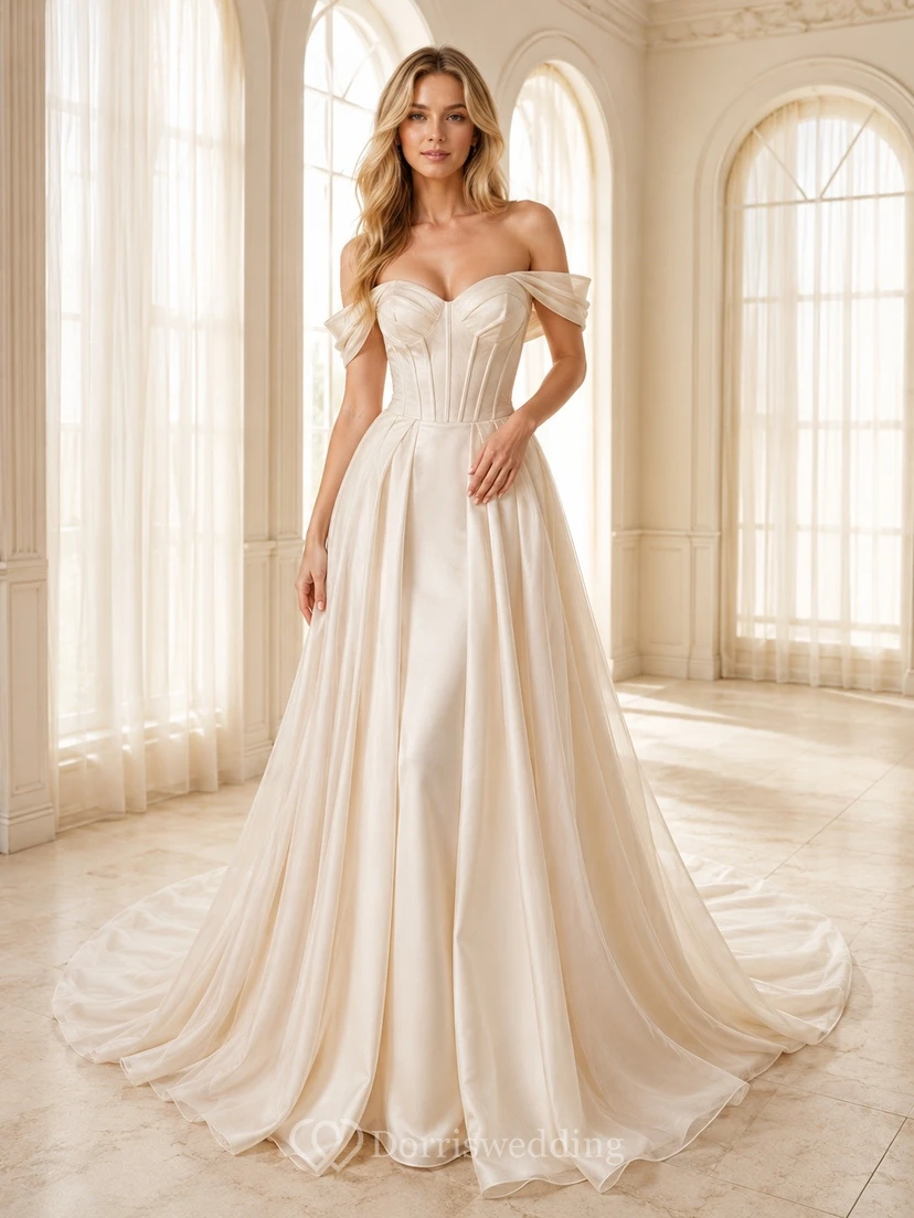 Vestido de novia formal, sencillo, romántico y elegante, con hombros descubiertos, edición C, corte A.