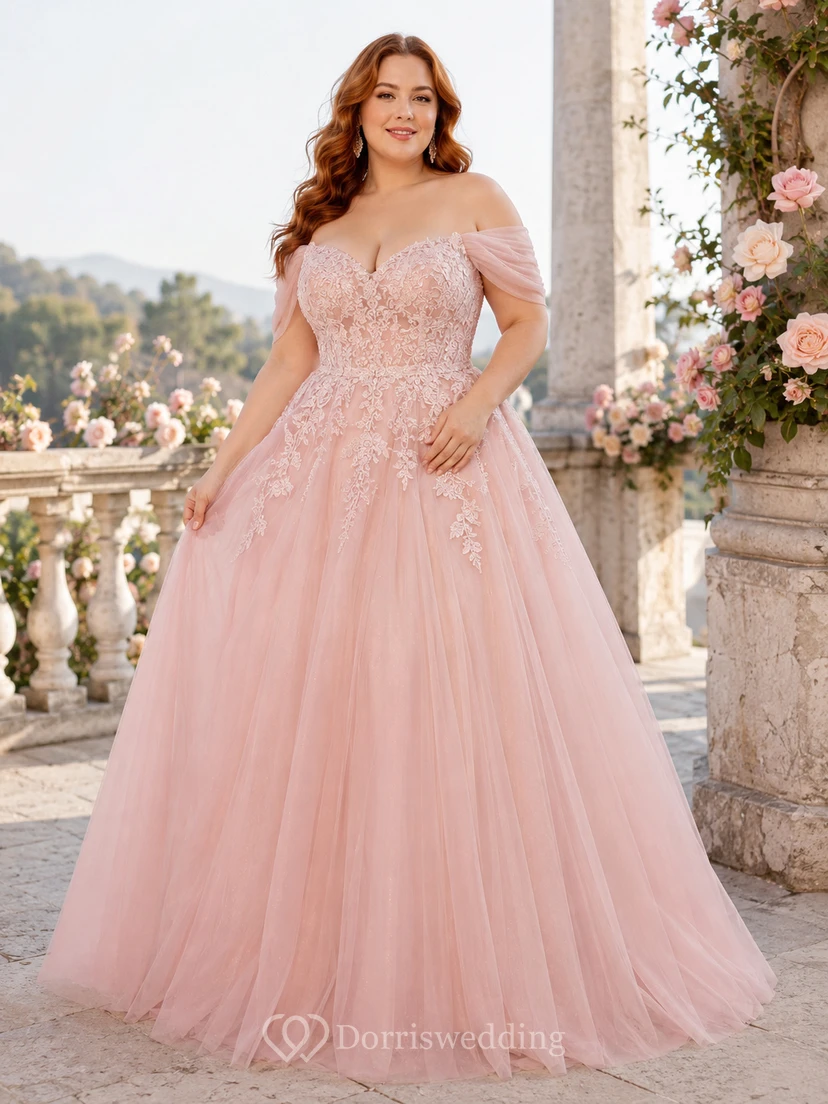 Petal Crown Blush Ballkleid, bodenlang, schulterfrei, kurze Ärmel, luxuriöses Tüll-Abendkleid