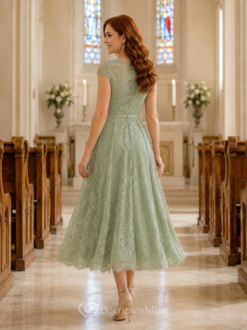 Salbeigrünes Spitzenkleid mit kurzen Ärmeln, A-Linien-Form und Teelänge, ideal als Kirchengastkleid view 2