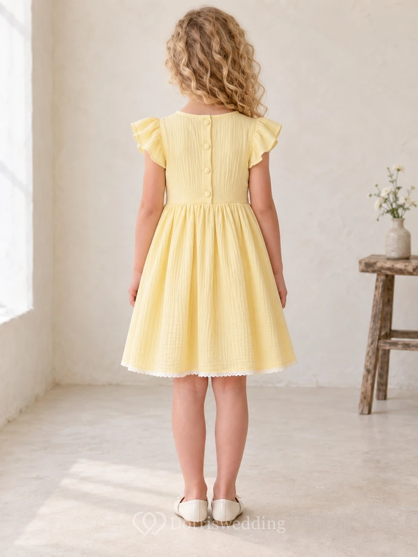 Simple Modest Yellow Knee Length Broad Flutter Sleeve Narrow Smocked Flower Girl Dress view 2