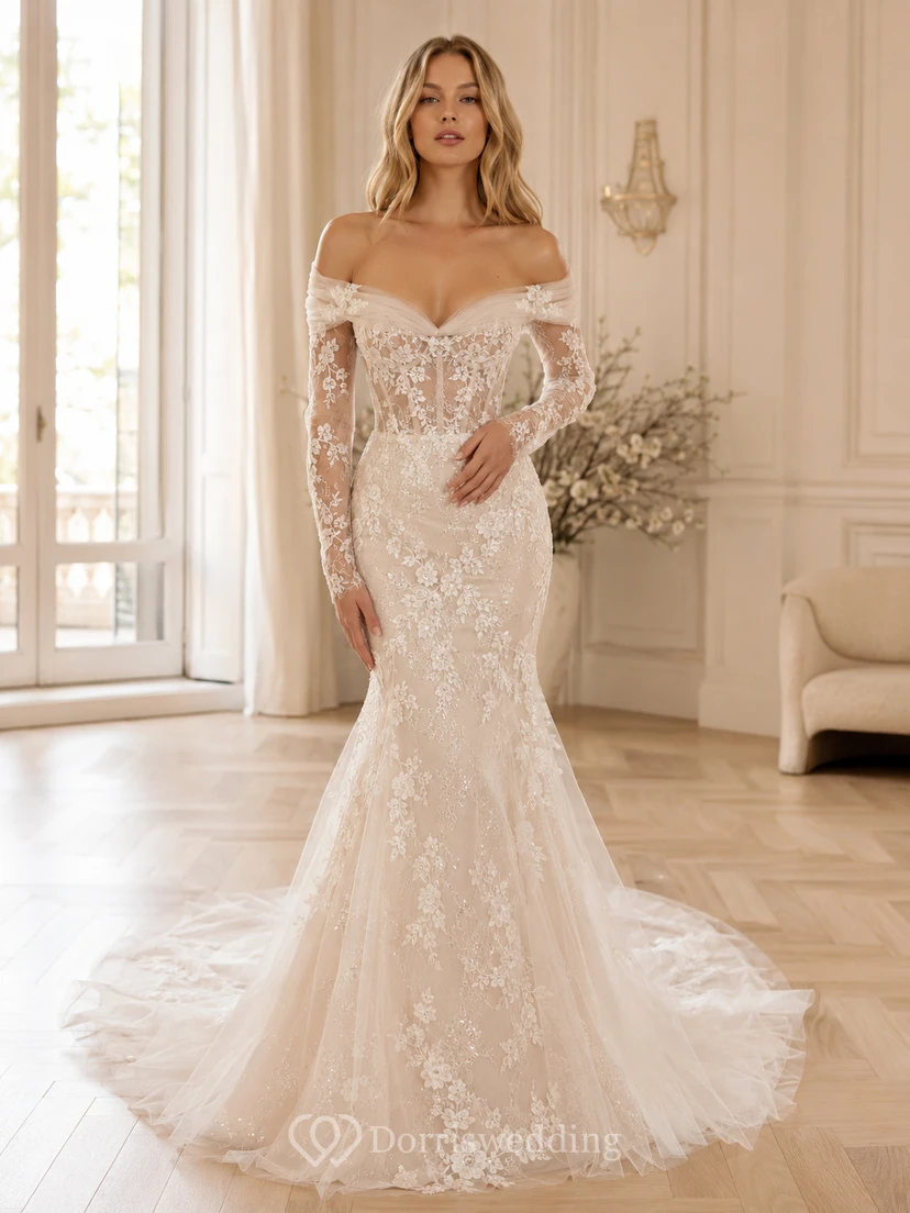 Robe de mariée sirène en dentelle majestueuse, épaules dénudées, manches longues, traîne chapelle, applications florales, galerie Bridal