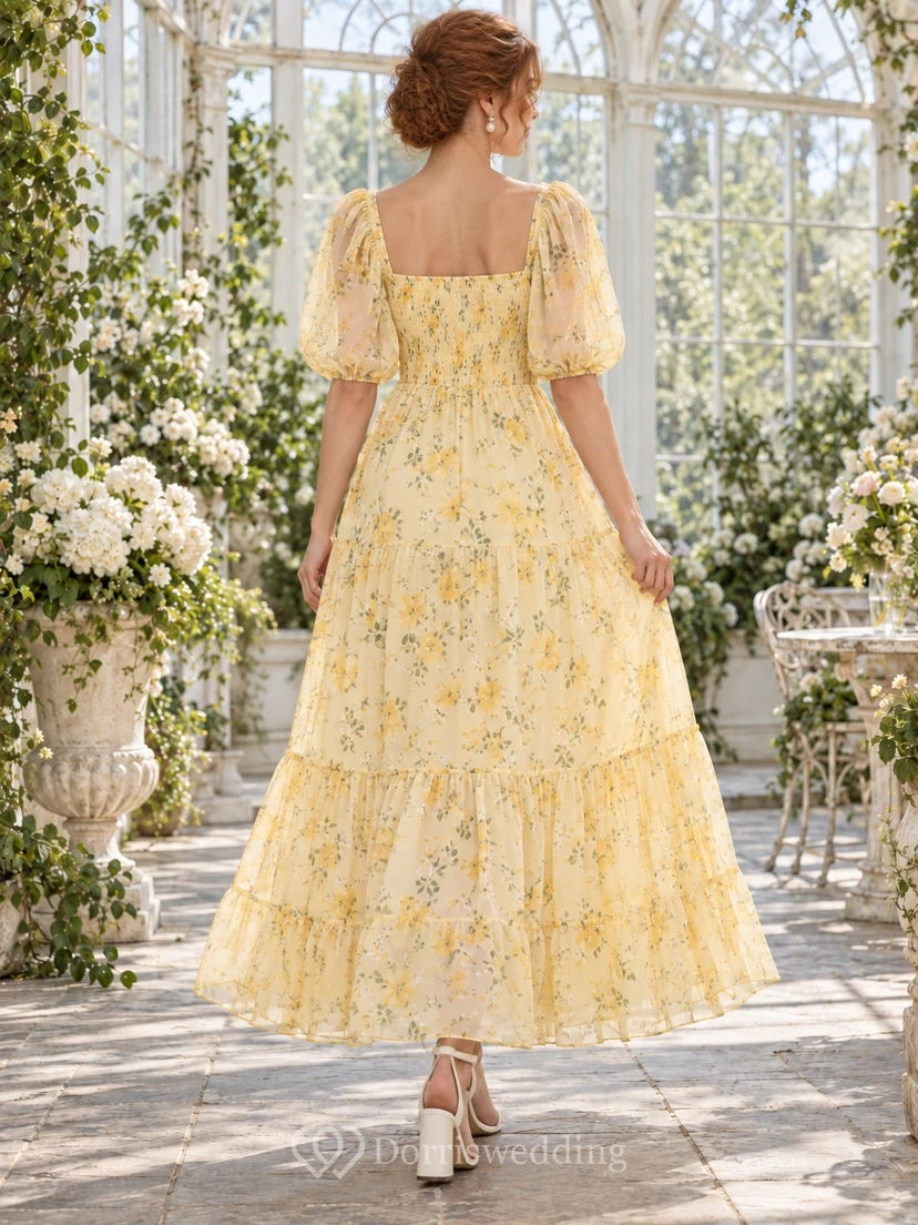 Vestido de fiesta de gasa con estampado floral de narcisos, cuello cuadrado, mangas abullonadas y largo hasta los tobillos, corte en A. view 2
