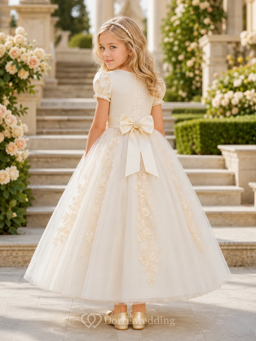 A-Line Royal Inspired Flower Girl Dress with Cap Sleeves, Gold Applique Bodice, Full Tulle Skirt, Satin Waist, Regal Formal Style view 2