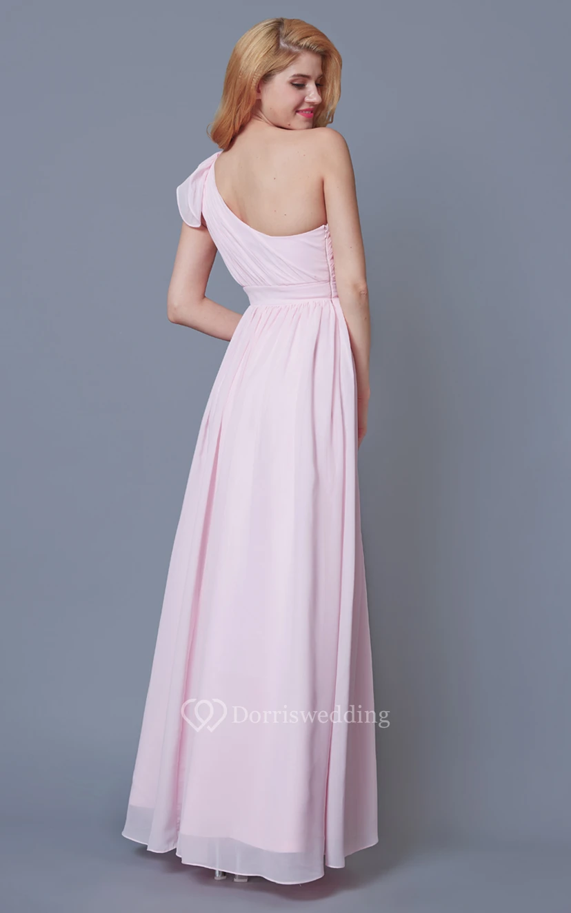 Simple Knotted One Shoulder Long Chiffon Dress With Pleats view 3