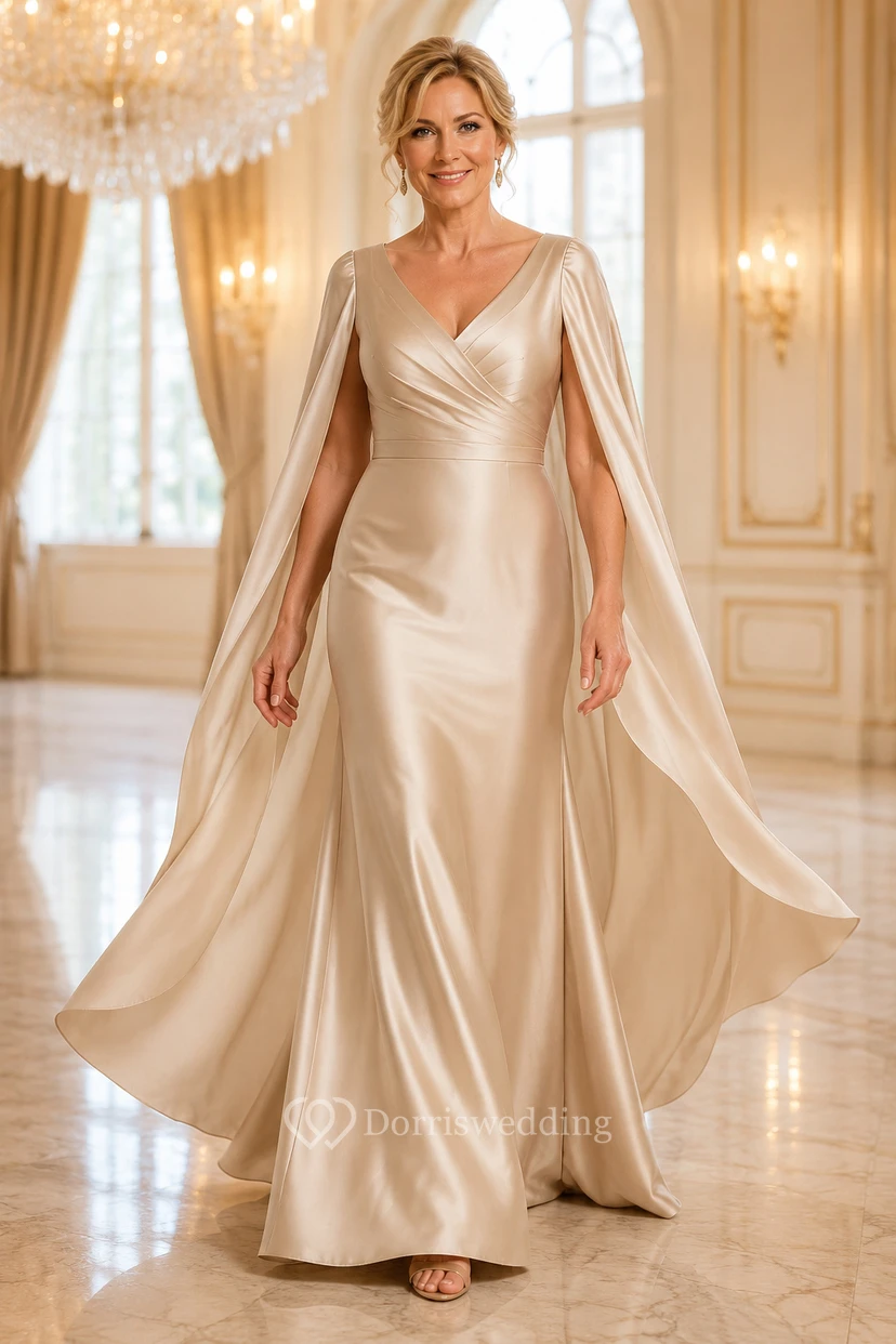MOB-Kleid aus champagnerfarbenem Satin, A-Linie, lange Ärmel, V-Ausschnitt, bodenlang, mit Cape-Ärmeln