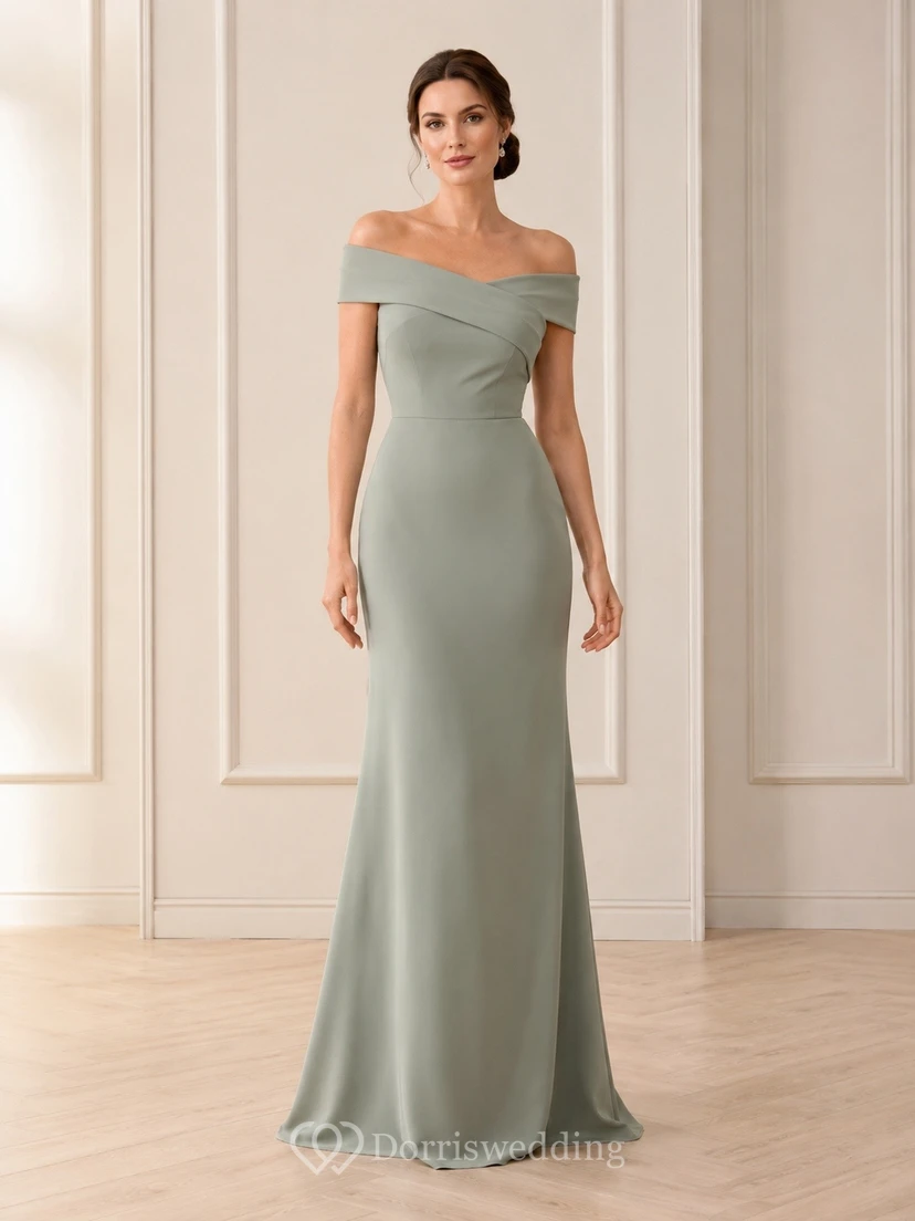 Sage Elegant Off-Shoulder Short-Sleeve Satin Sheath Floor-Length Formal Dress