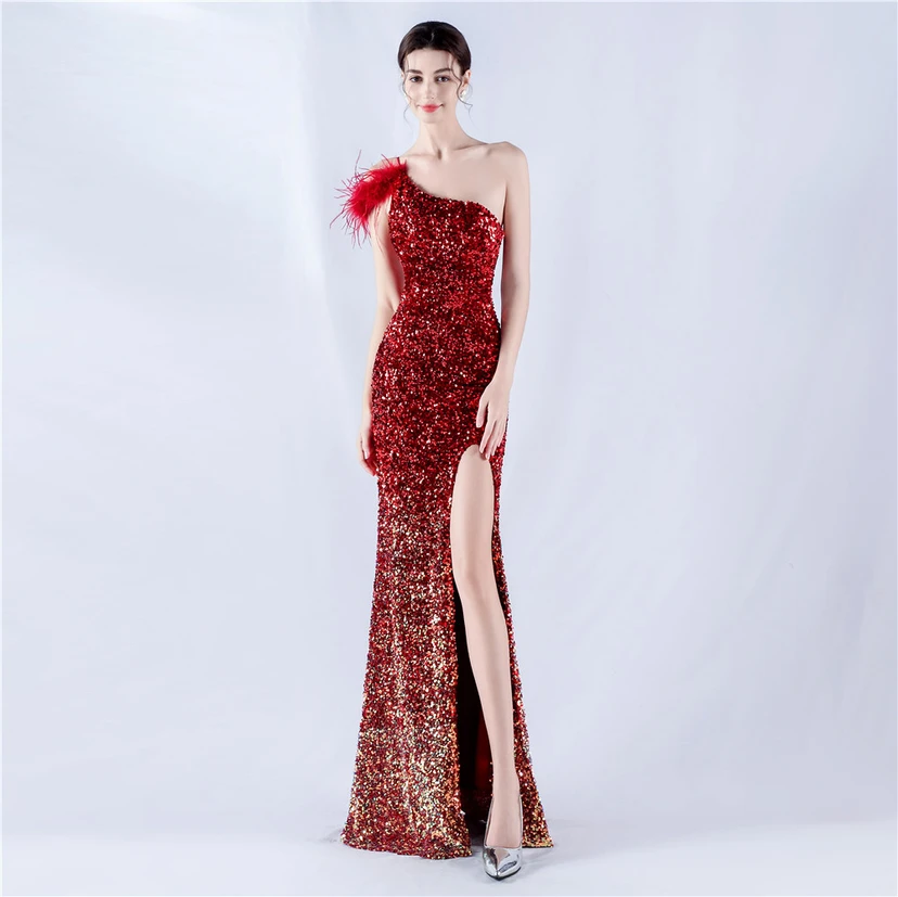 Gradient Velvet Bottom Sequins Craft Beading Ostrich Hair One-Shoulder Oblique Collar High-Slit Evening Dress view 39
