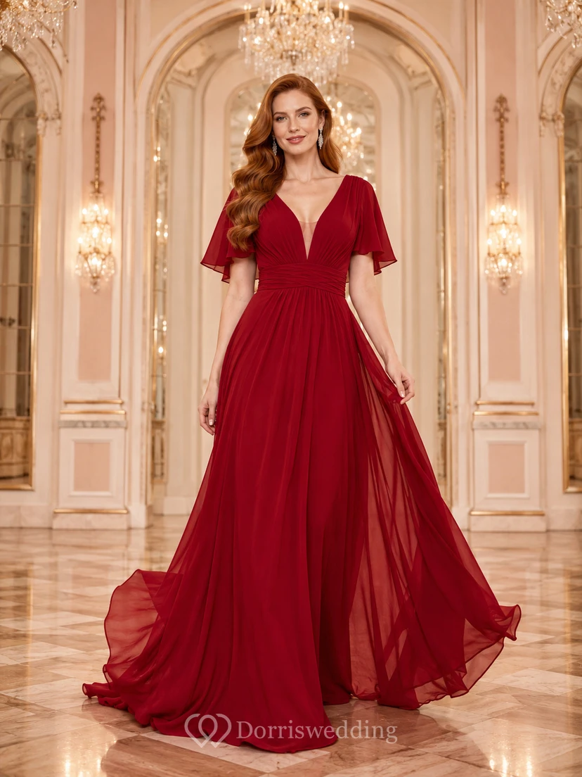 Rotes Chiffon-Abendkleid mit flatternden Ärmeln, V-Ausschnitt und A-Linien-Schnitt