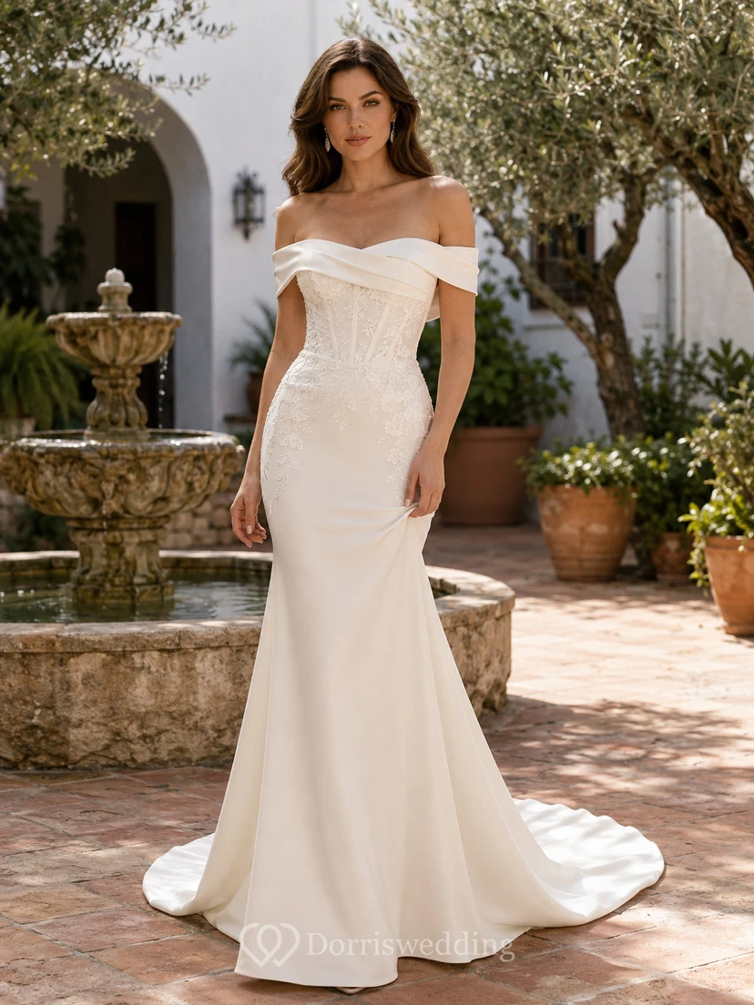 Modern Off Shoulder Draped Satin Mermaid Chapel Train Hacienda Wedding Dress