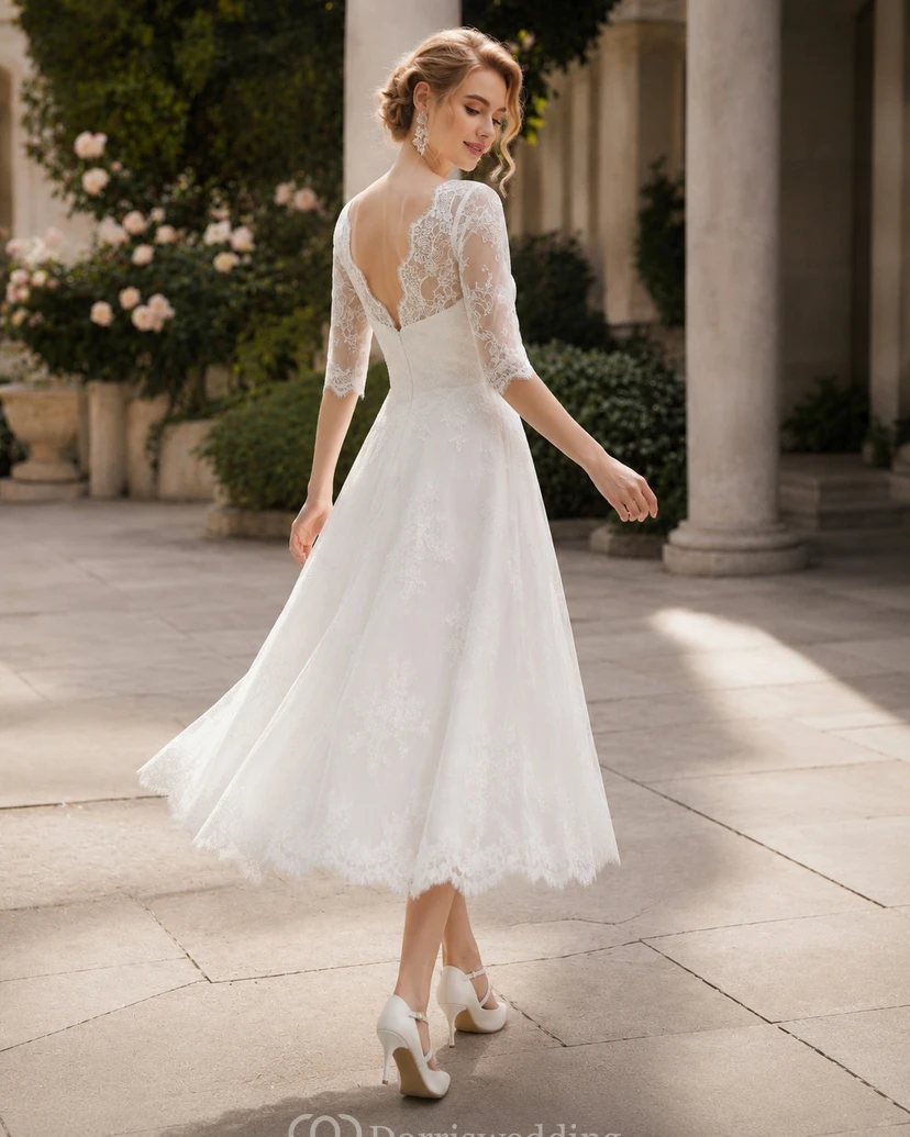 Vestido de novia de largo midi para novias mayores | Vestido de novia midi modesto de encaje vintage color marfil en tallas grandes con mangas view 2