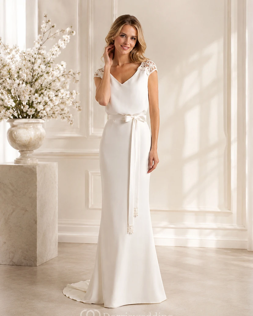 Elegantes Brautkleid aus Spitze mit kurzen Ärmeln und fließender Silhouette view 8