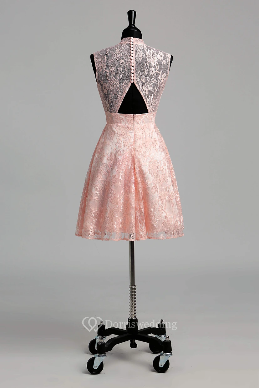 Robe courte/mini en dentelle simple, coupe trapèze, col montant, sans manches view 2