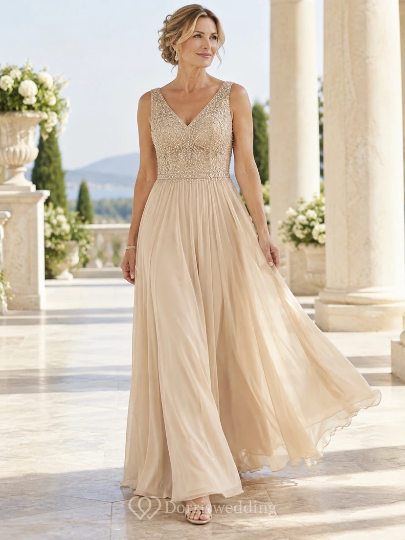 Vestido de noche largo hasta el suelo, de gasa, con escote en V, sin mangas, bordado de encaje y color champán.