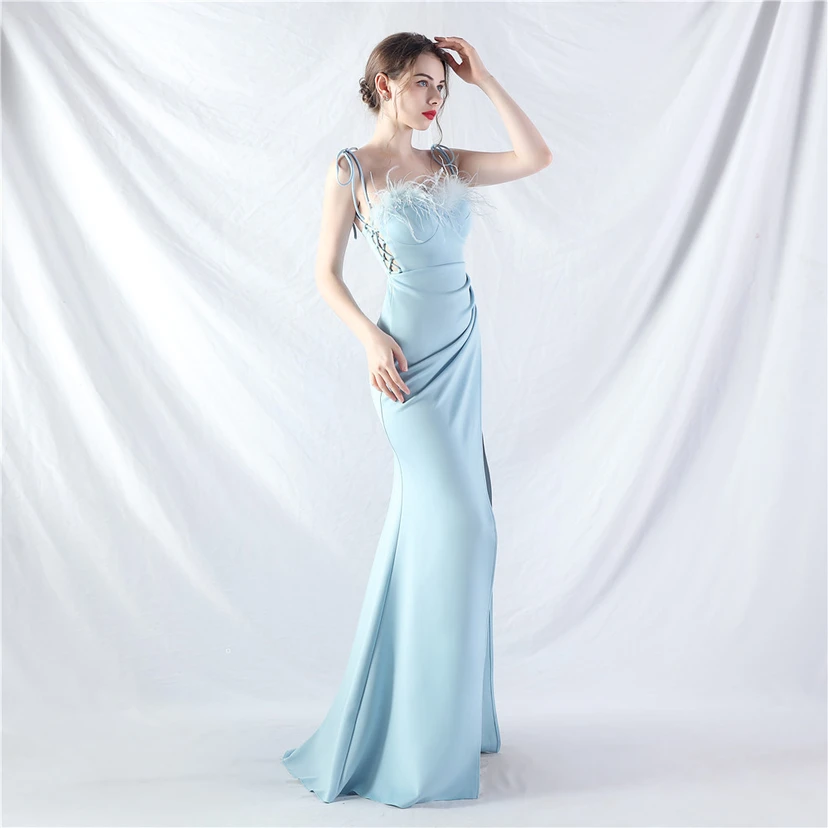 Double-Binding Waist-Shaped Ears Adjustable Satin Evening Dress view 5