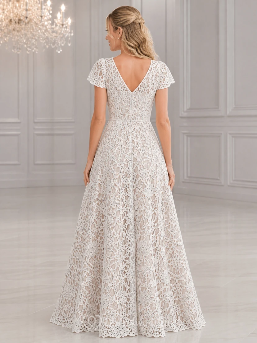 Vestido de novia bohemio modesto de talla grande con escote redondo, encaje y mangas cortas, corte en A view 2