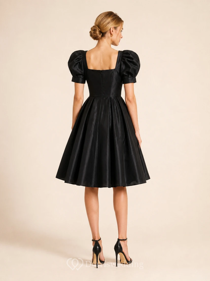 Black square neck puff sleeve taffeta A-line party dress view 2
