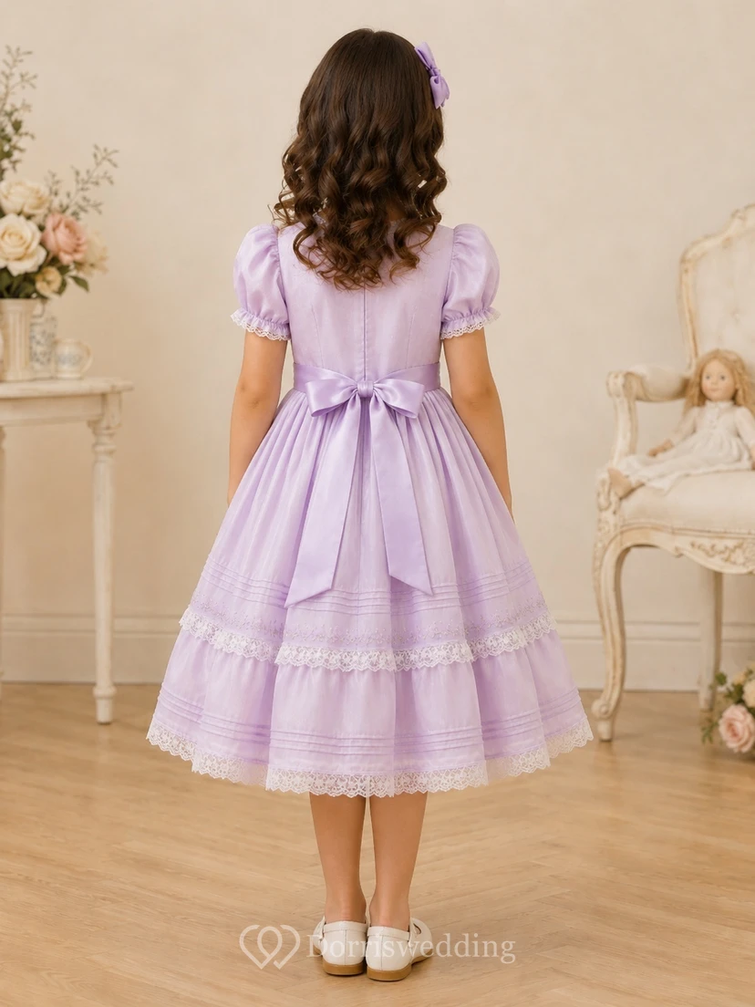 Vintage Lavender Jewel Neck Puff Sleeve Embroidered Satin A-Line Tea-Length Flower Girl Dress view 2