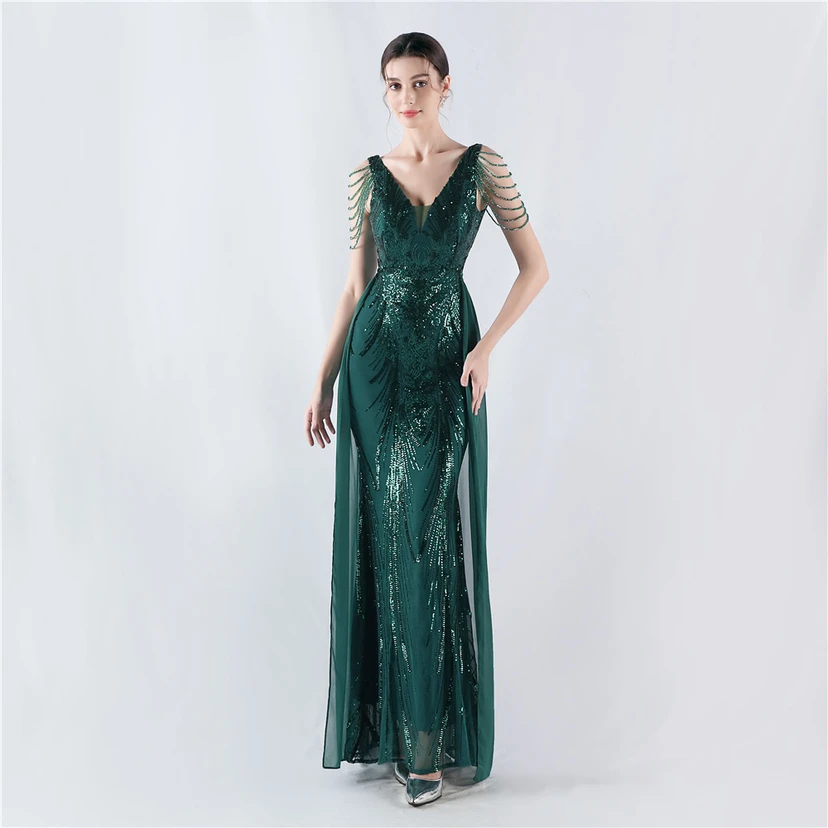 Paillettenbesetzte Blumen mit Cape-Stickerei, hochwertiges Abendkleid, ideal für die Ausrichtung der Jahrestagung view 62