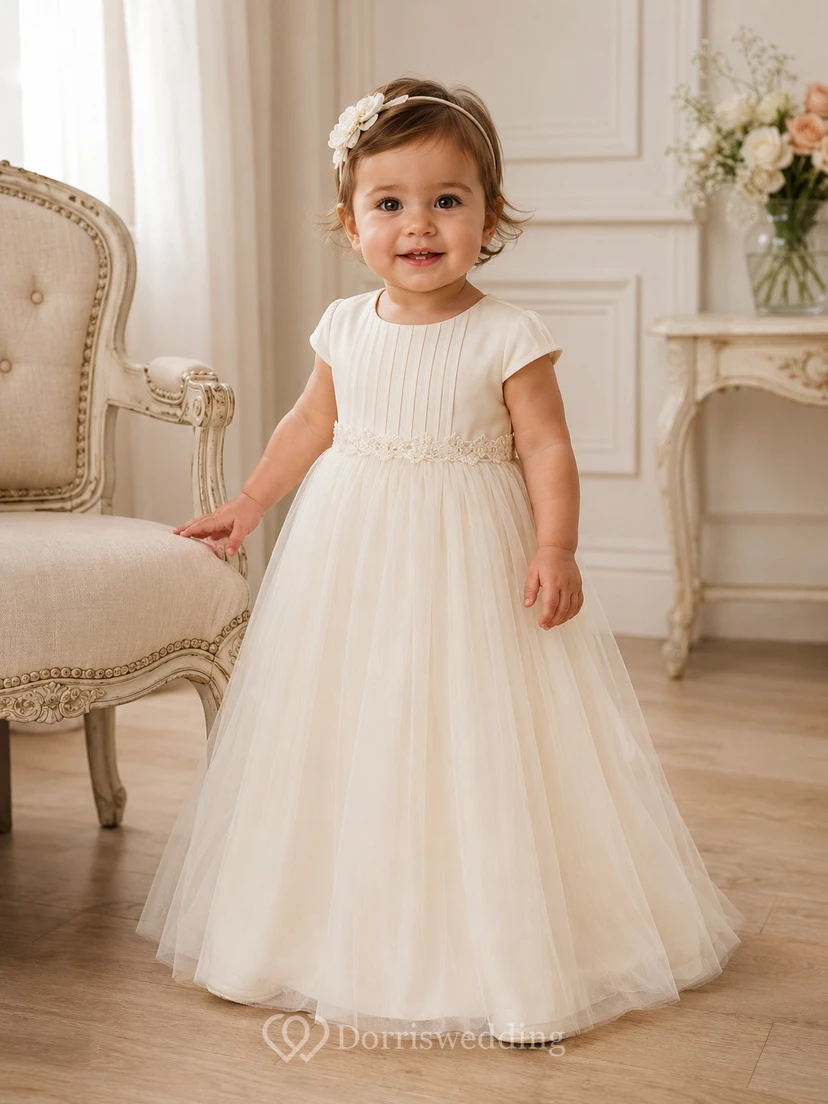 Cap Sleeve Christening Gown A-Line Tulle Lace Jewel Neck Soft Full Skirt