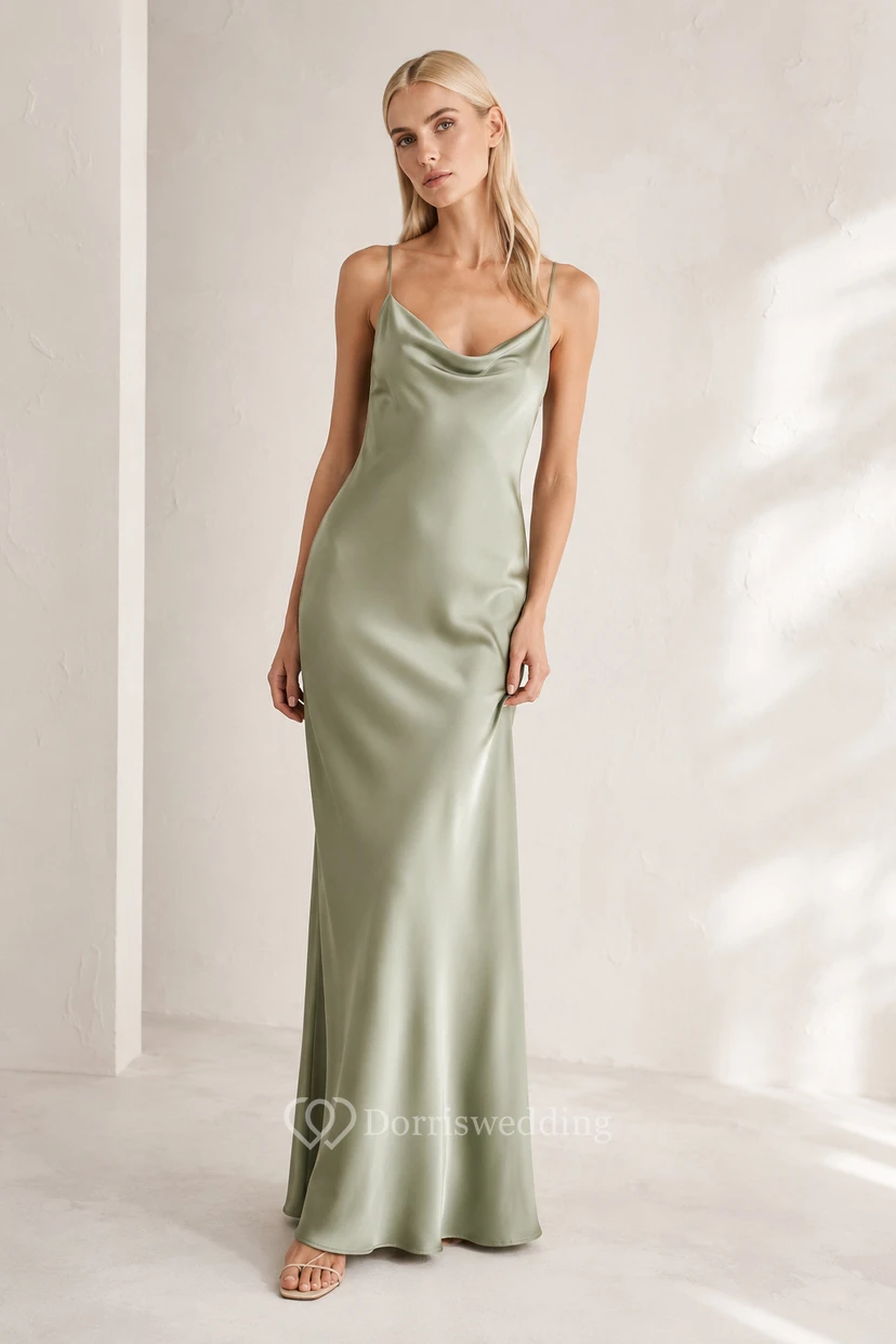 Sage Cowl Neck Satin Sheath Formal Dress
