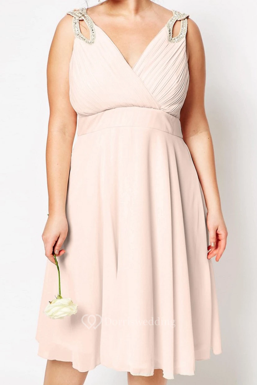 Sleeveless Knee-Length Beaded V-Neck Chiffon Bridesmaid Dress With Ruching And Zipper view 4