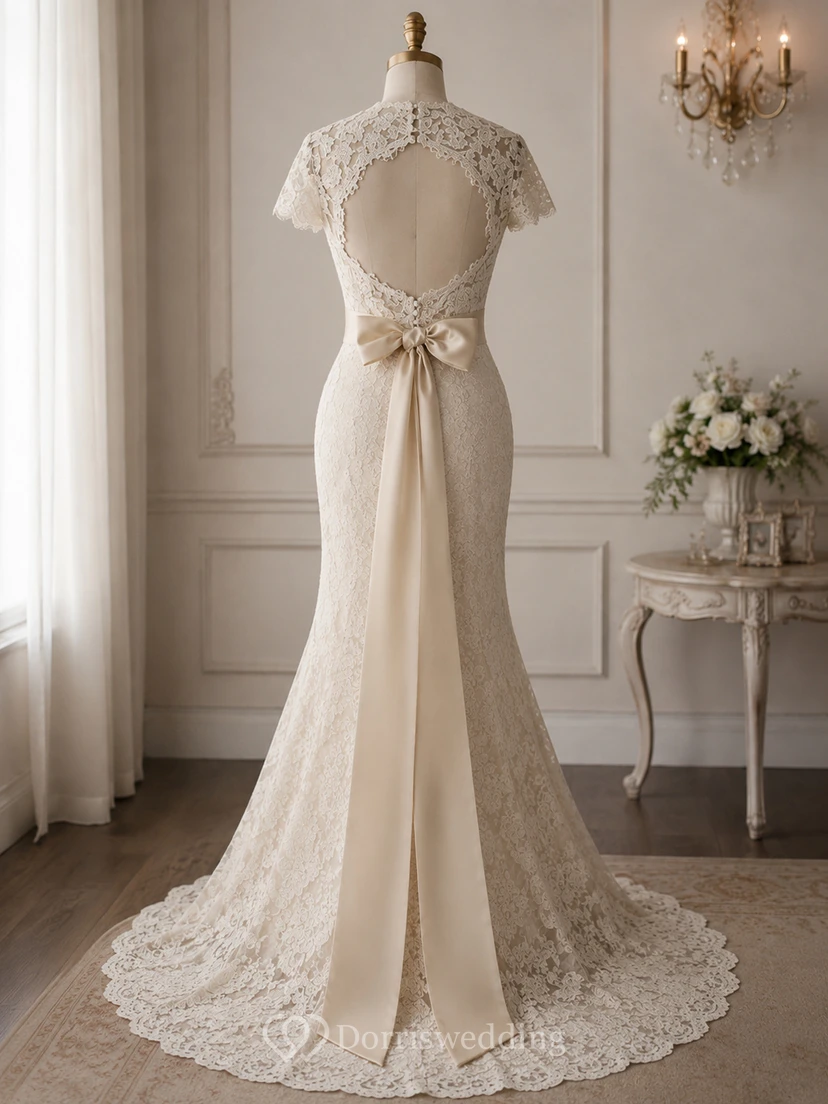 Robe de mariée sirène vintage en dentelle, décolleté en V, dos nu en forme de goutte, avec ceinture et fleur. view 8