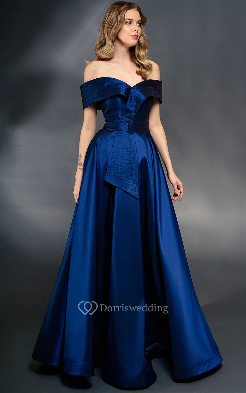 Off-the-shoulder Solid A-line Satin Dress with Sweep Train