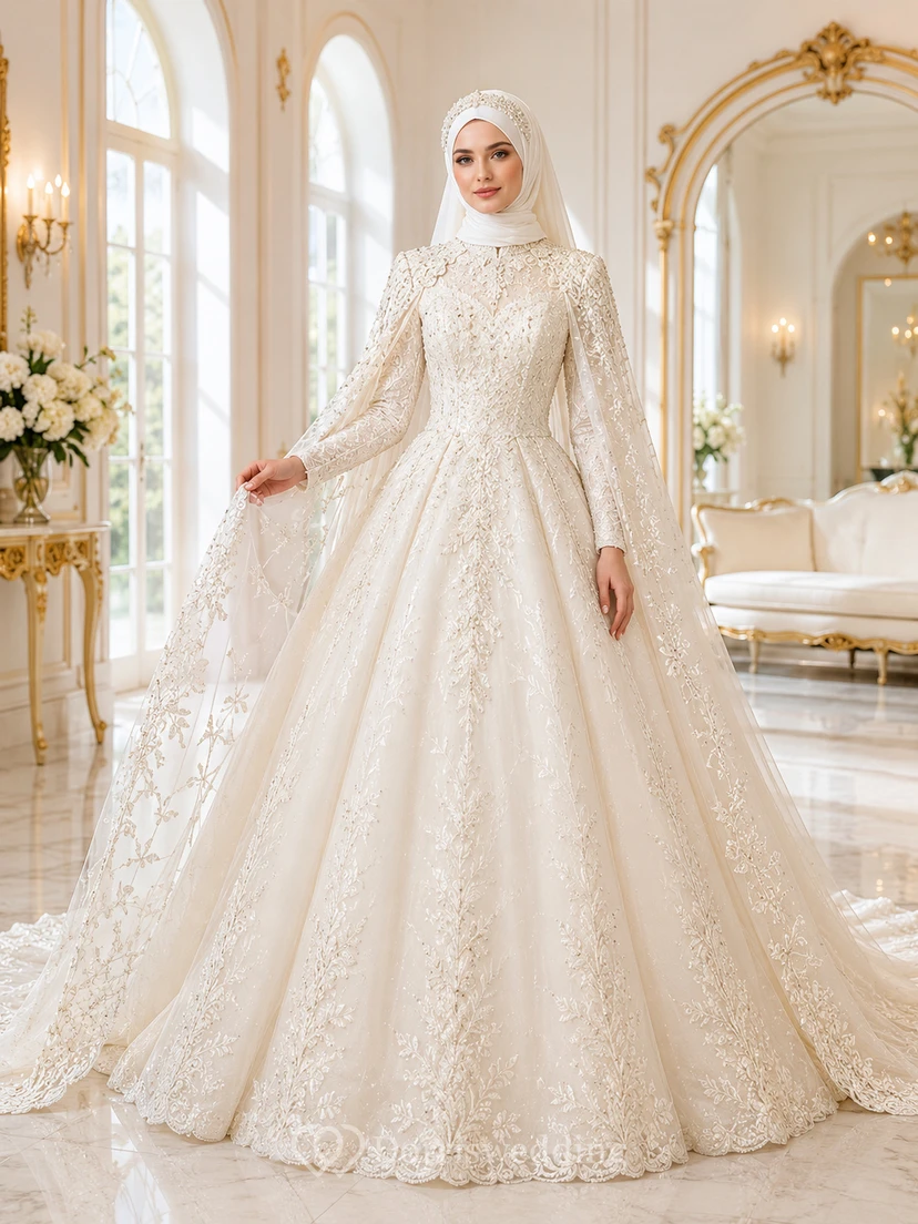 Modest Muslim Embroidered Cape Palace Bridal Ball Gown